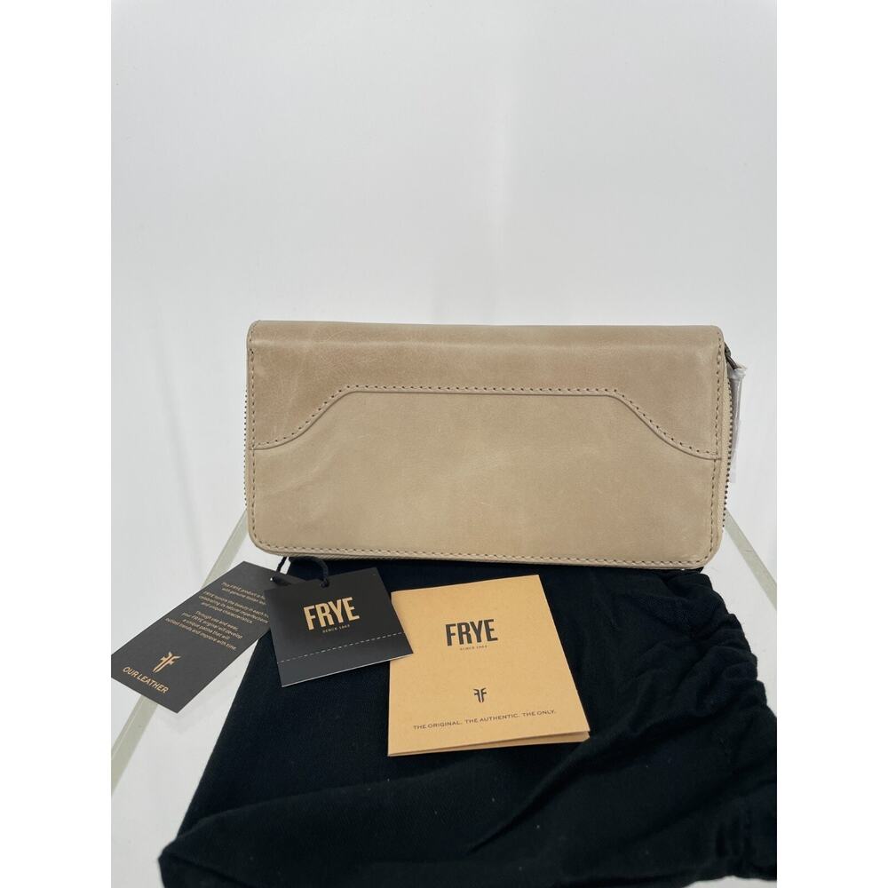 Frye Womens Melissa Zip Around Wallet Parchment Genuine Leather Canvas Lined